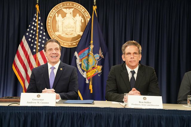 Governor Andrew Cuomo with director/actor Ben Stiller in January. "The Governor stood by the film and television industry over the last eight years, in supporting tax breaks and creating a lot of jobs, hundreds of thousands of jobs, for people in the film industry," Stiller said. "And he really goes very far to make sure that productions come to New York."